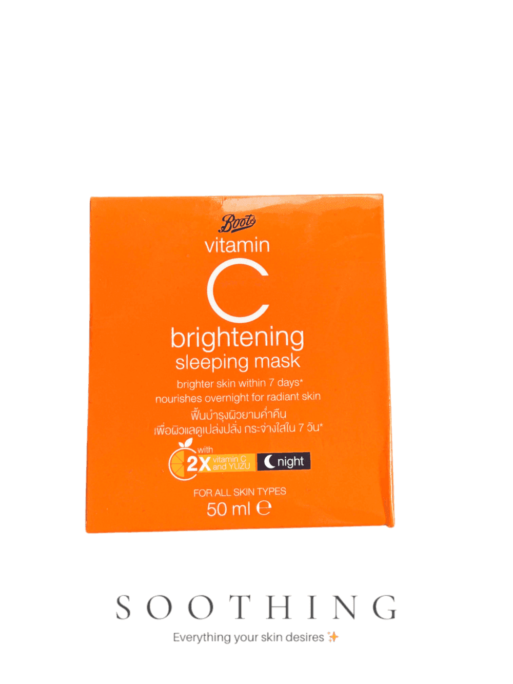 Boots Vitamin C Brightening Sleeping Mask 50ml orange box with 2X vitamin C and Yuzu extract Boots Vitamin C Brightening Sleeping Mask 50ml | 2X Vitamin C + Yuzu Extract | Overnight Radiance Treatment for All Skin Types - Image 1