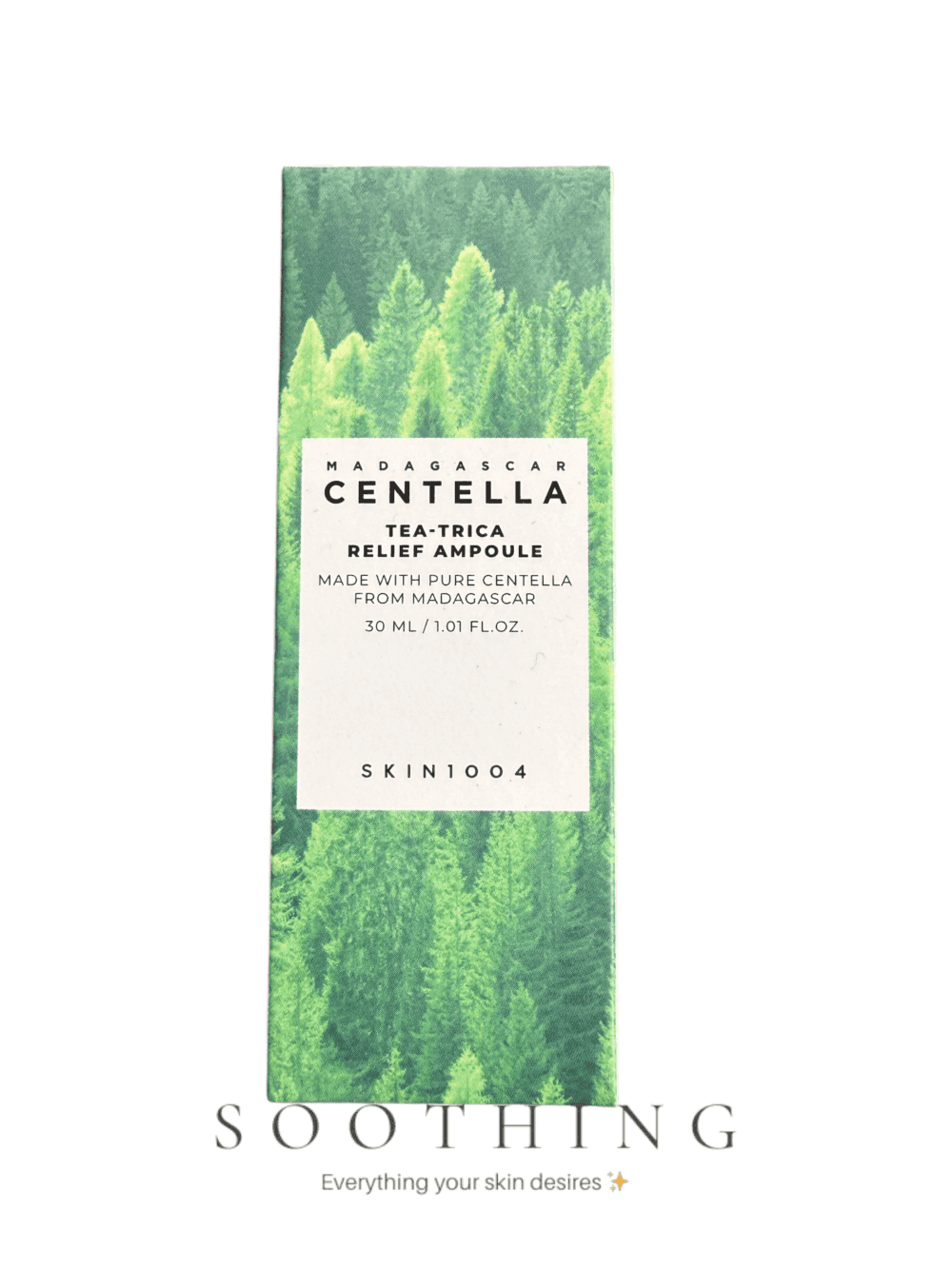 SKIN1004 Madagascar Centella Tea-Trica Relief Ampoule 30ml box packaging with forest background SKIN1004 Madagascar Centella Tea-Trica Relief Ampoule 30ml | Soothing Serum for Sensitive Acne-Prone Skin | Korean Skincare - Image 1